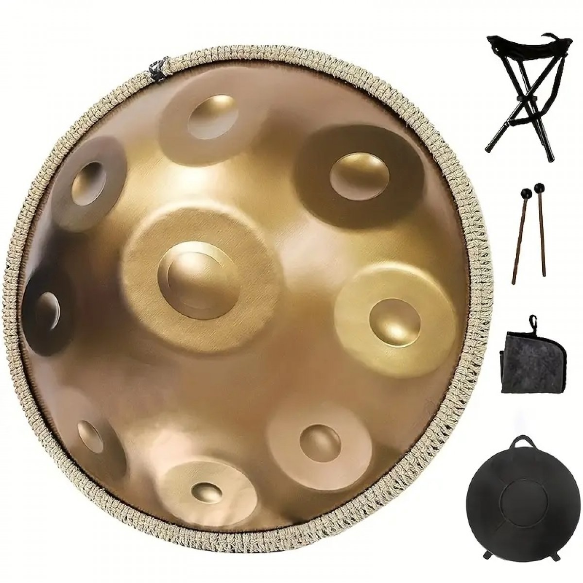 Tērauda Handpan Bungas 56cm (22"), 9 Notis, D-moll Tone ar vālītēm, somu un statīvu