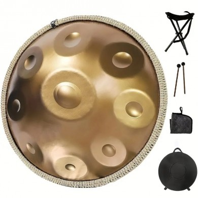 Tērauda Handpan Bungas 56cm (22"), 9 Notis, D-moll Tone ar vālītēm, somu un statīvu
