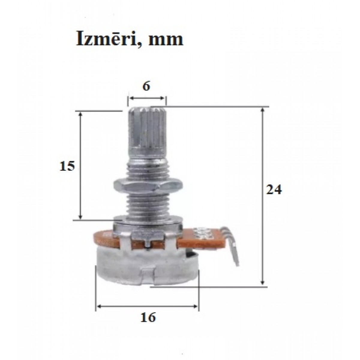 Ģitāras potenciometrs logaritmisks H20 VOLUME 16-15SL-B250K