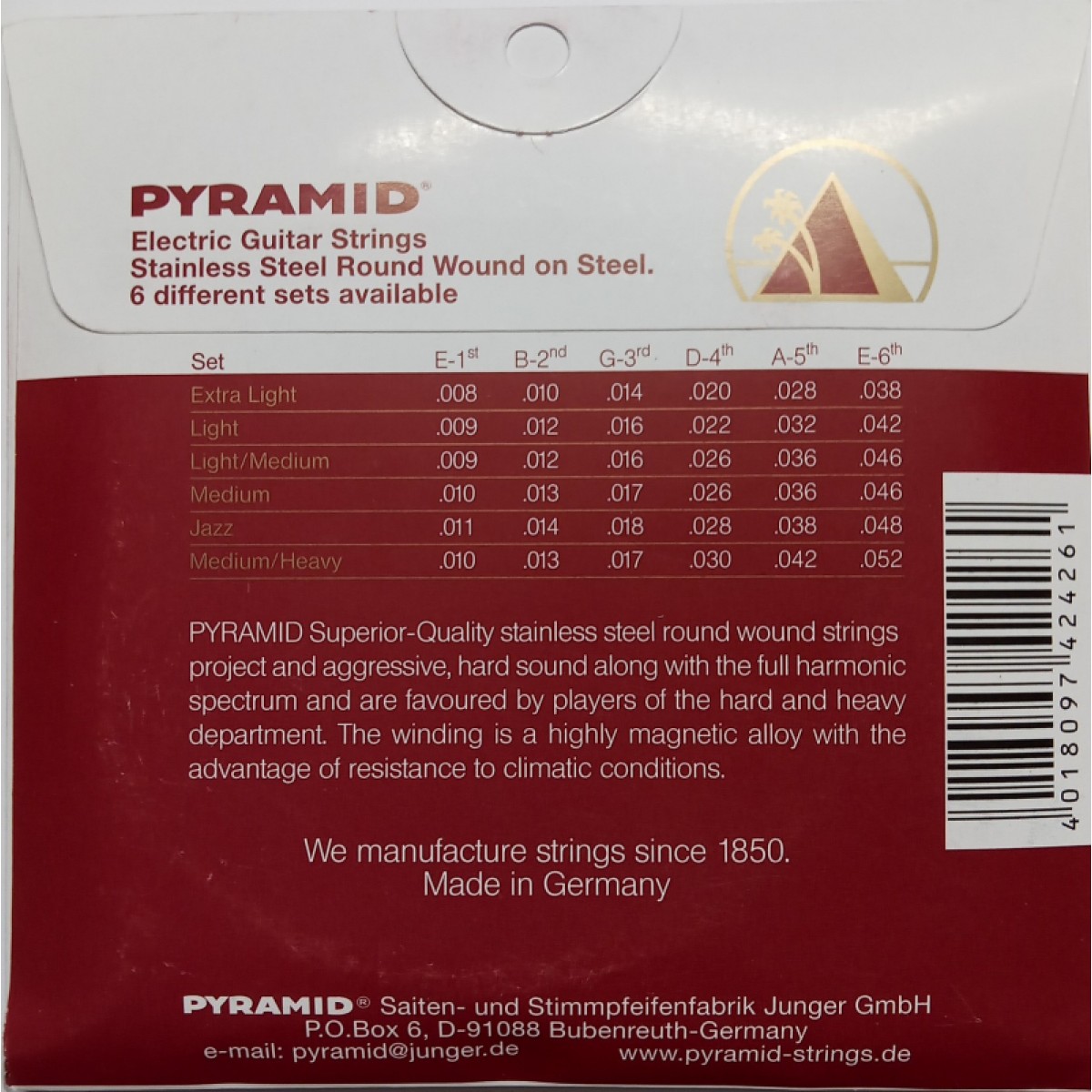 Elektriskās ģitāras stīgas Pyramid 10-46 Stainless steel round wound (Vācija)