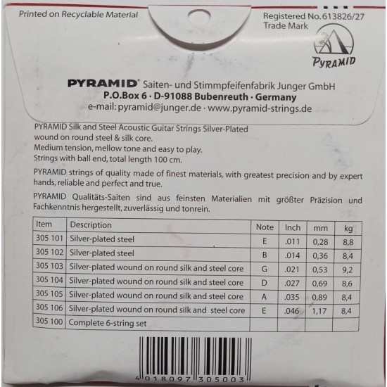 Set of strings for acoustic guitar Pyramid 11-46  Silk & Steel Silver