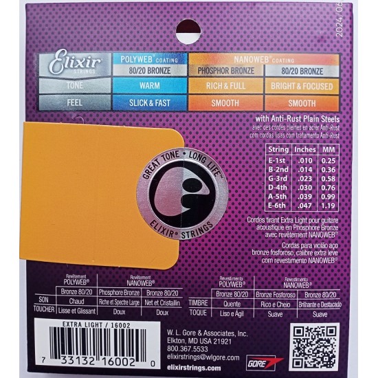 Set of strings for acoustic guitar 16002 Elixir 10-47 Phosphor Bronze (ASV)