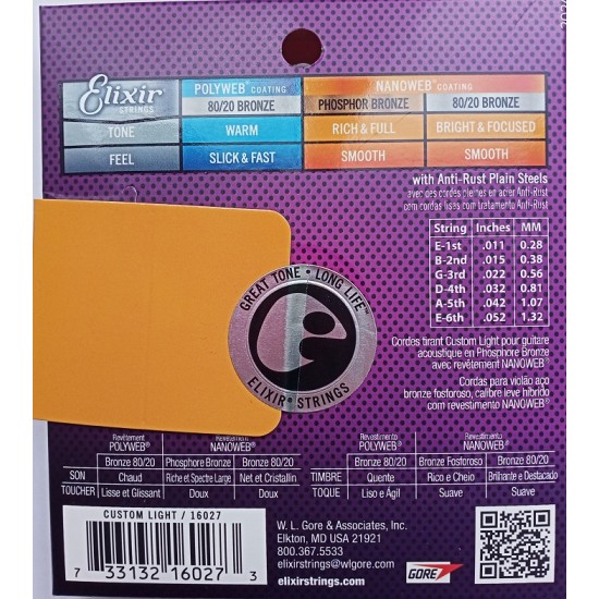 Set of strings for acoustic guitar 16027 Elixir 11-52 Phosphor Bronze (ASV)