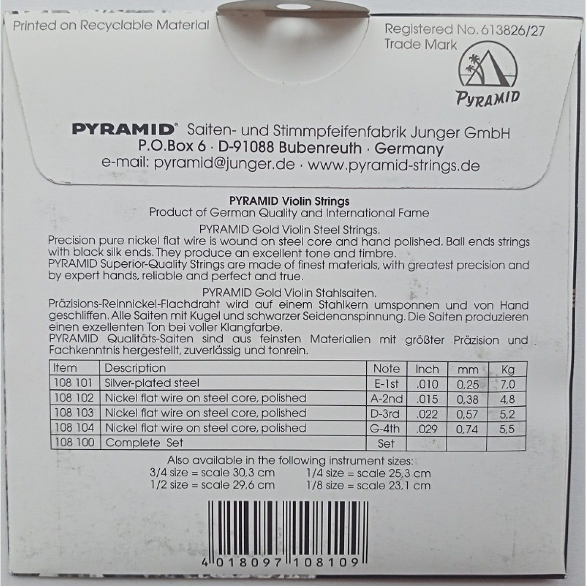 Vijoles stīgas komplekts Pyramid Gold (Vācija)