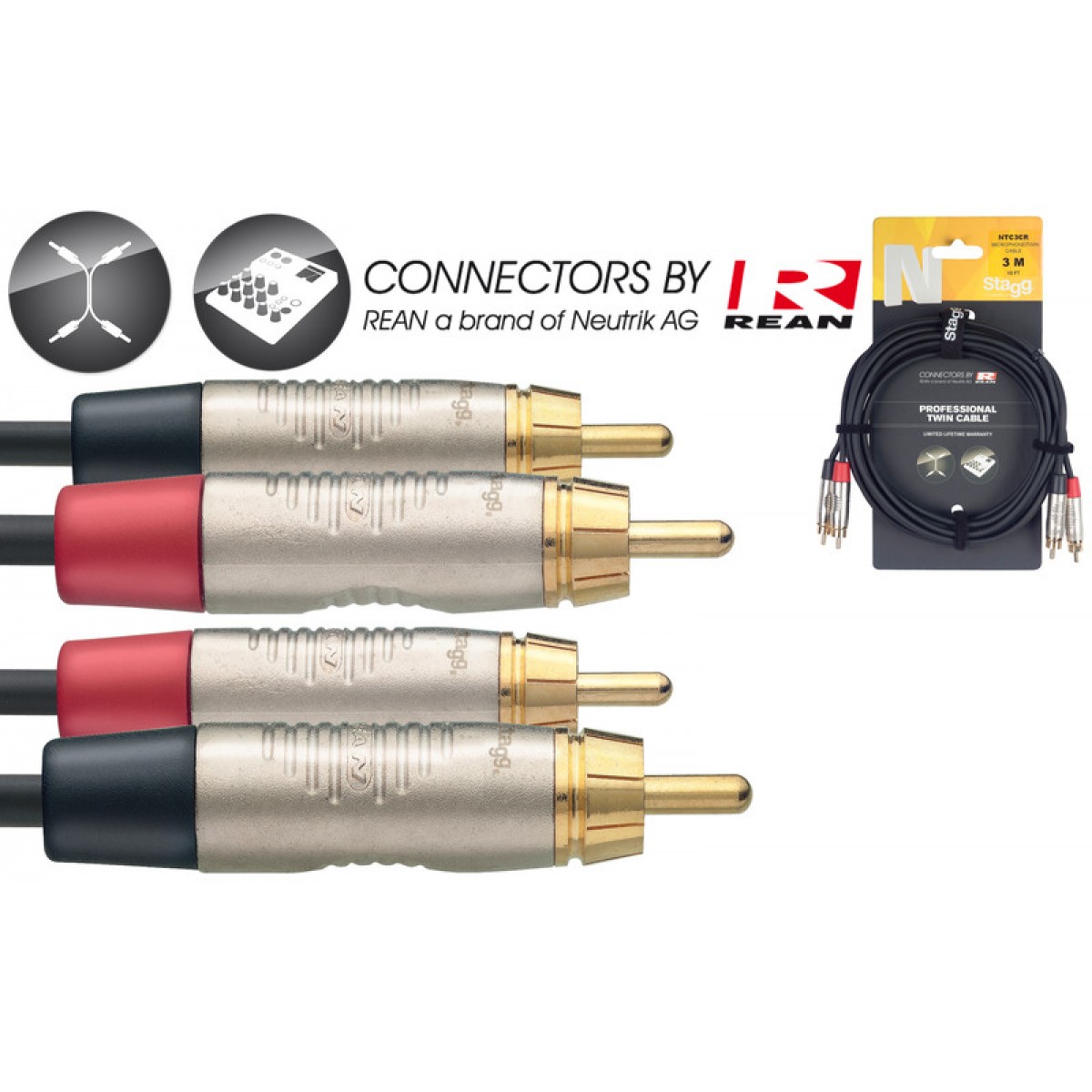 Twin vads REAN RCA/RCA, 3 m, Stagg NTC3CR
