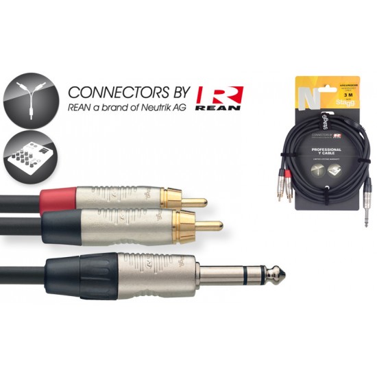 Y-Cable REAN stereo jack/m - 2x RCA/m, 3m Stagg NYC3/PS2CMR