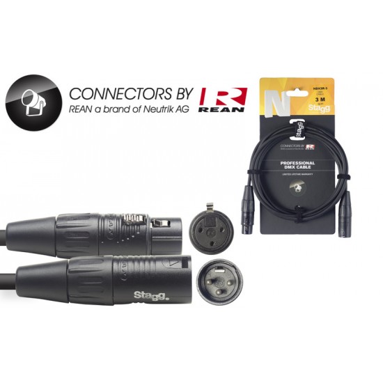 DMX kabelis, XLR/m-XLR/f (3 pins), 3 m (10"), N sērija NDX3R-3 Stagg REAN connectors