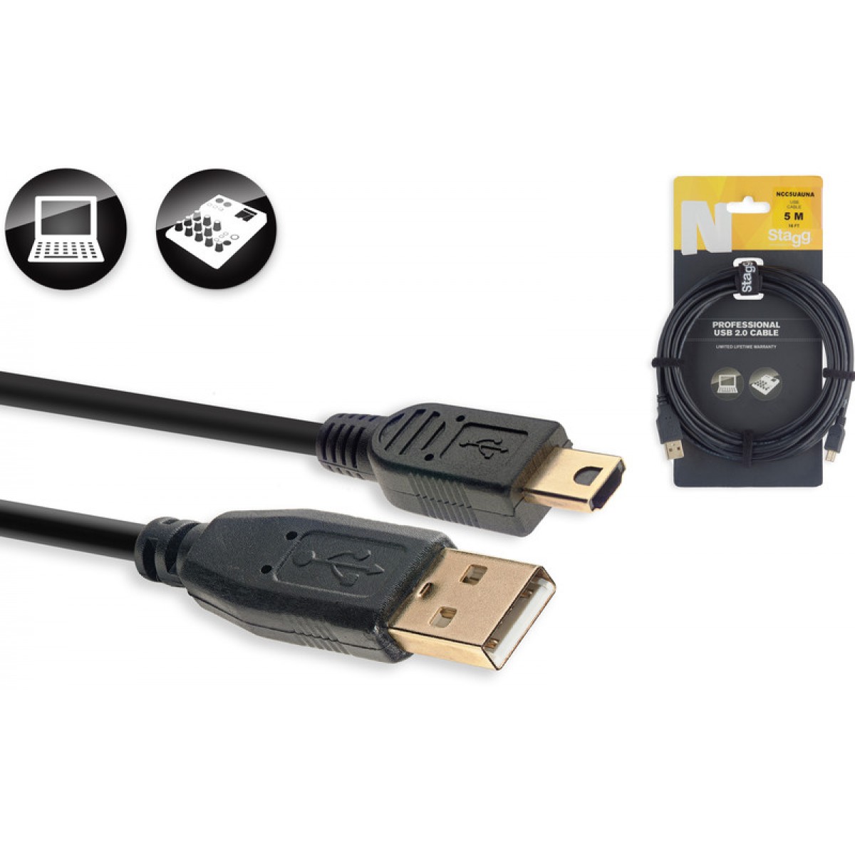 Kabelis 2.0 USB-A uz Mini USB-A, 5m Stagg NCC5UAUNA