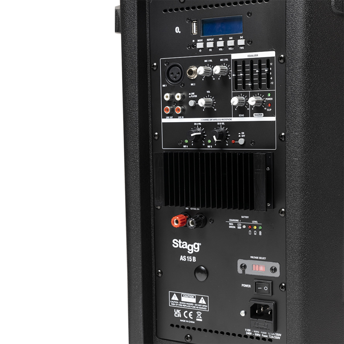 Aktīvais skaļrunis ar akumulatoru 15", 2 UHF mikrofoni, 200 W AS15B EU Stagg AB klase, Bluetooth TWS stereo